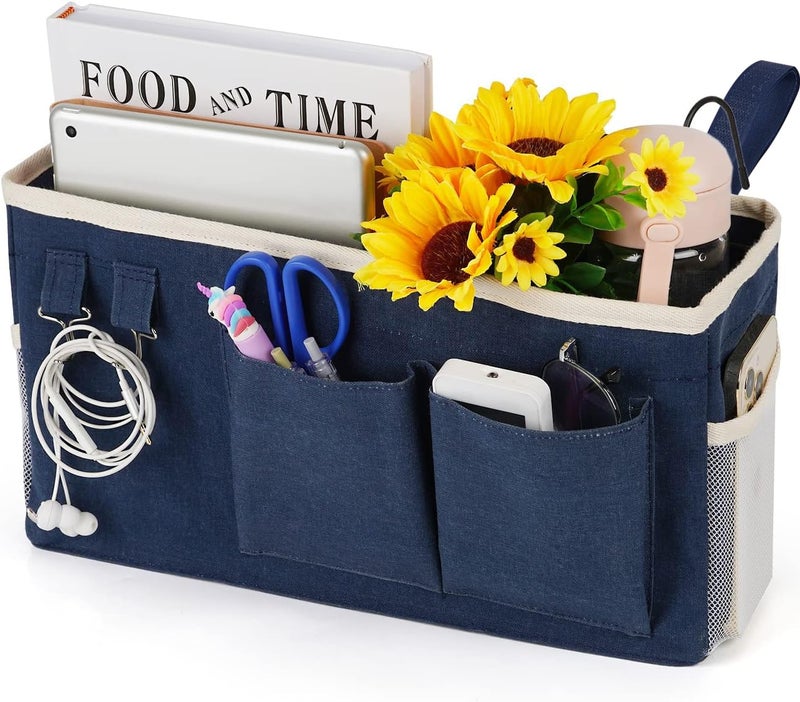 Loghot Bedside Caddy/Bedside Storage Bag Hanging Organizer for Bunk and Hospital Beds,Dorm Rooms Bed Rails,Can be Placed Glasses,Books,Mobile Phones,Keys (Navy Blue) - Image 1